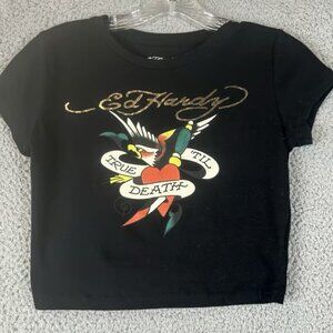 Ed Hardy Women's Black Crop Top T Shirt Size Small Short Sleeve Double Sided